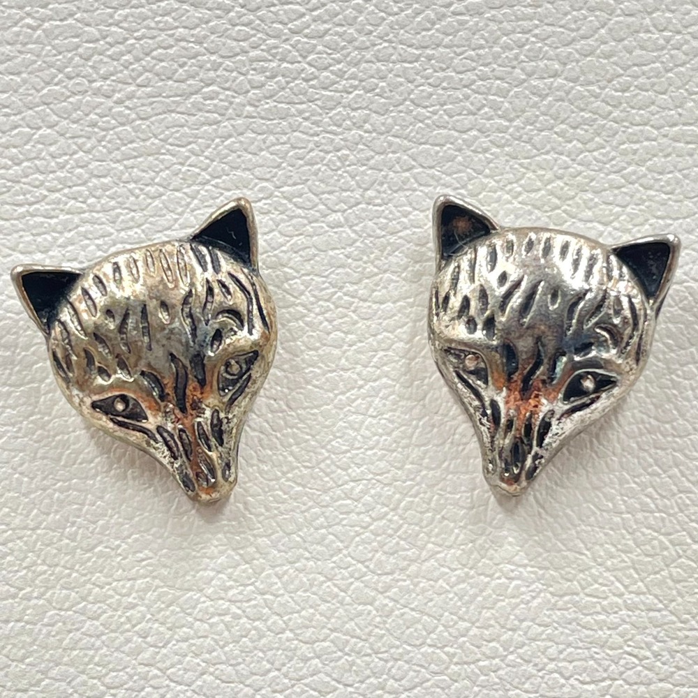 Vintage Antique Silver Tone Textured Fox Head Stud Earrings Woodland Novelty